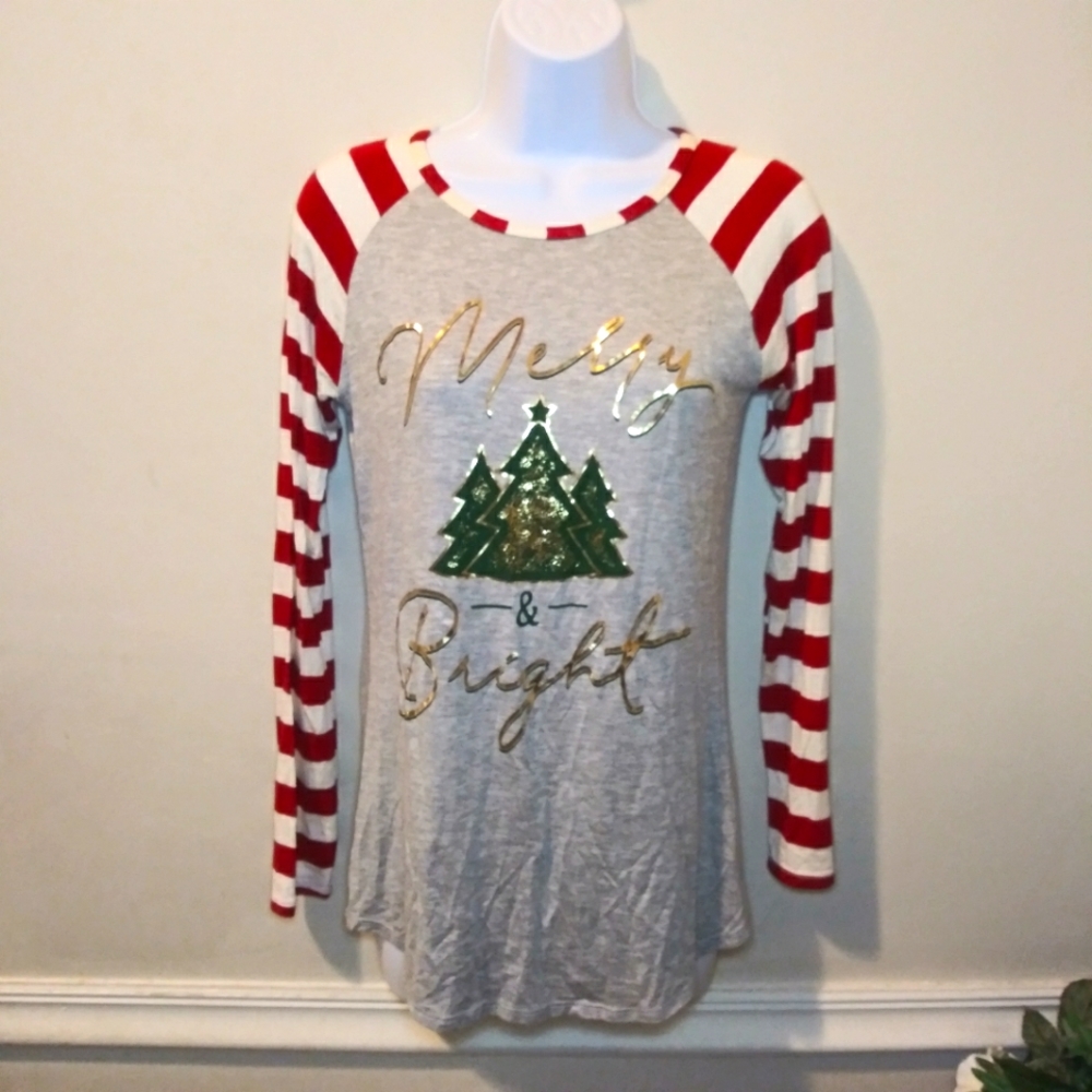 Color Bear Gray "Merry & Bright" Christmas Tree, Candy Cane Sleeve Baseball Tee